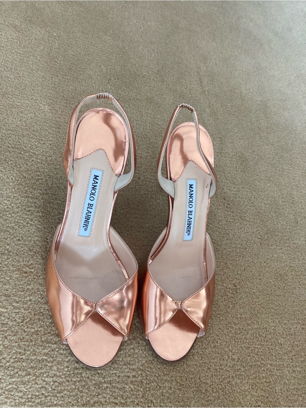Manolo Blahnik Metallic Rose Slingback Peep-Toe Heels